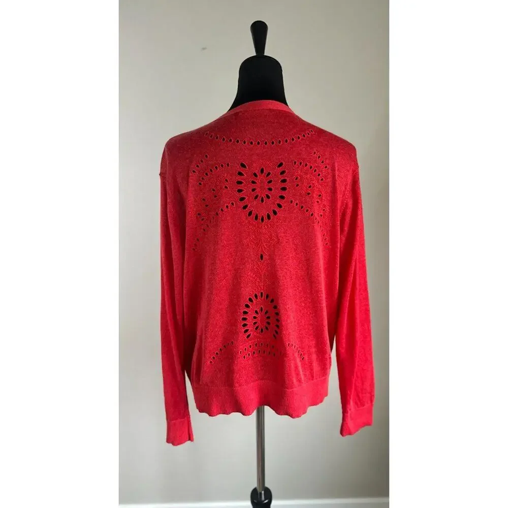 RALPH LAUREN Red Eyelet Back Long Sleeve Linen Cardigan Size XL